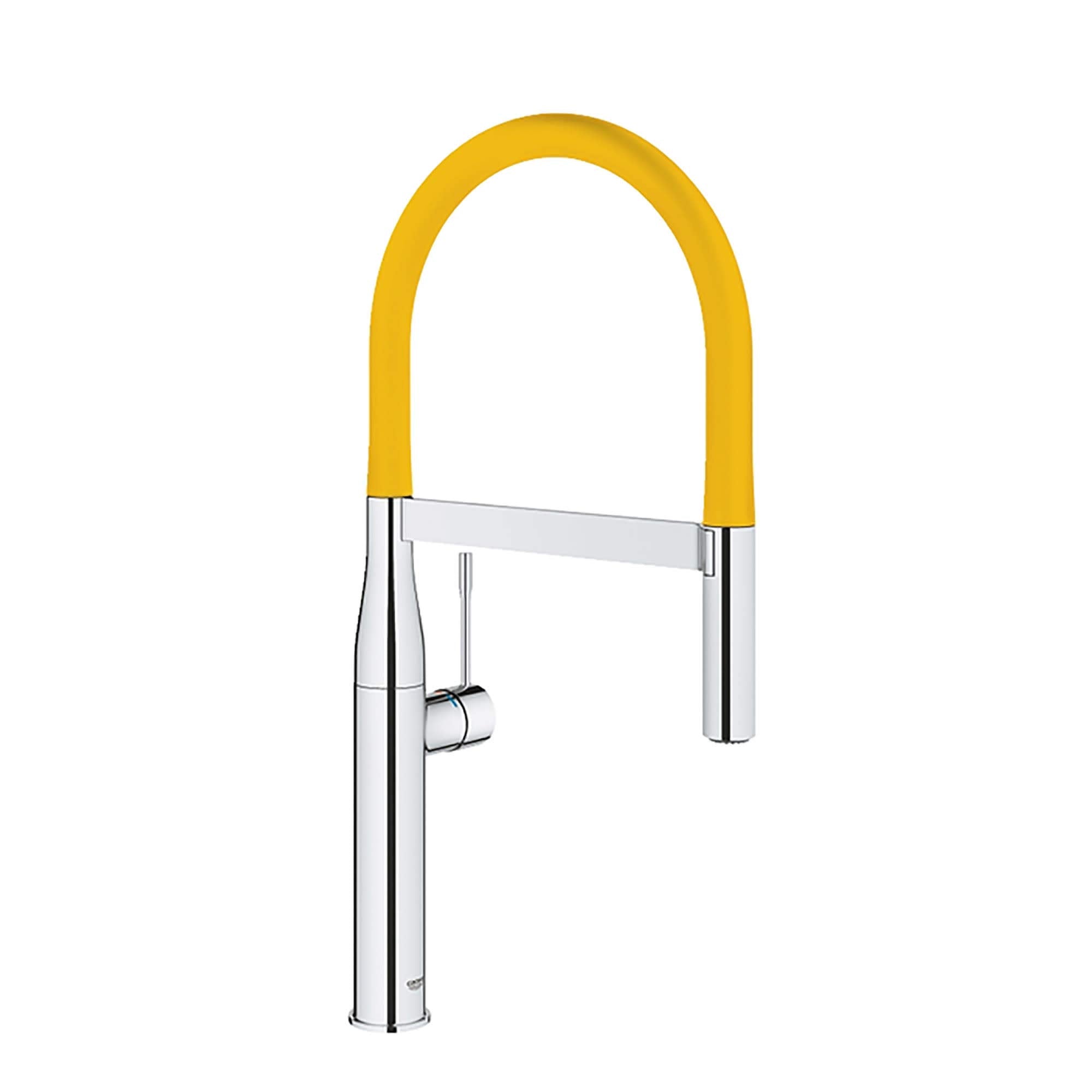 Chrome kitchen faucet with yellow flexible hose spout and single lever handle.