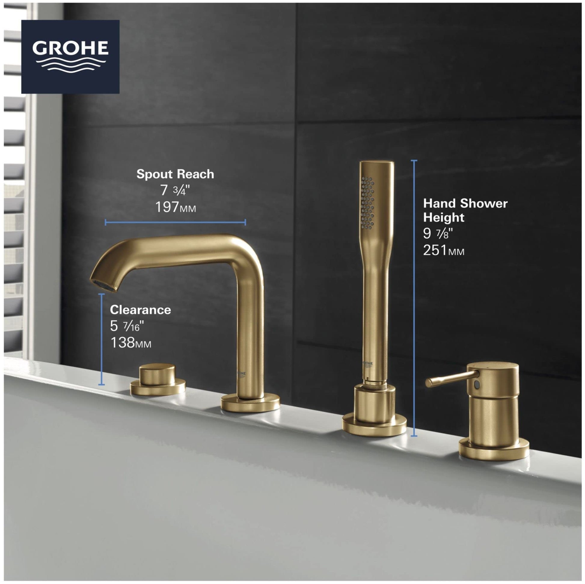 Grohe Essence hard graphite four-piece deck mount tub faucet with curved spout, hand shower, and two handles on white surface