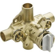 Brass valve body with three connection ports, two metal handles, and one white lever handle for temperature control.