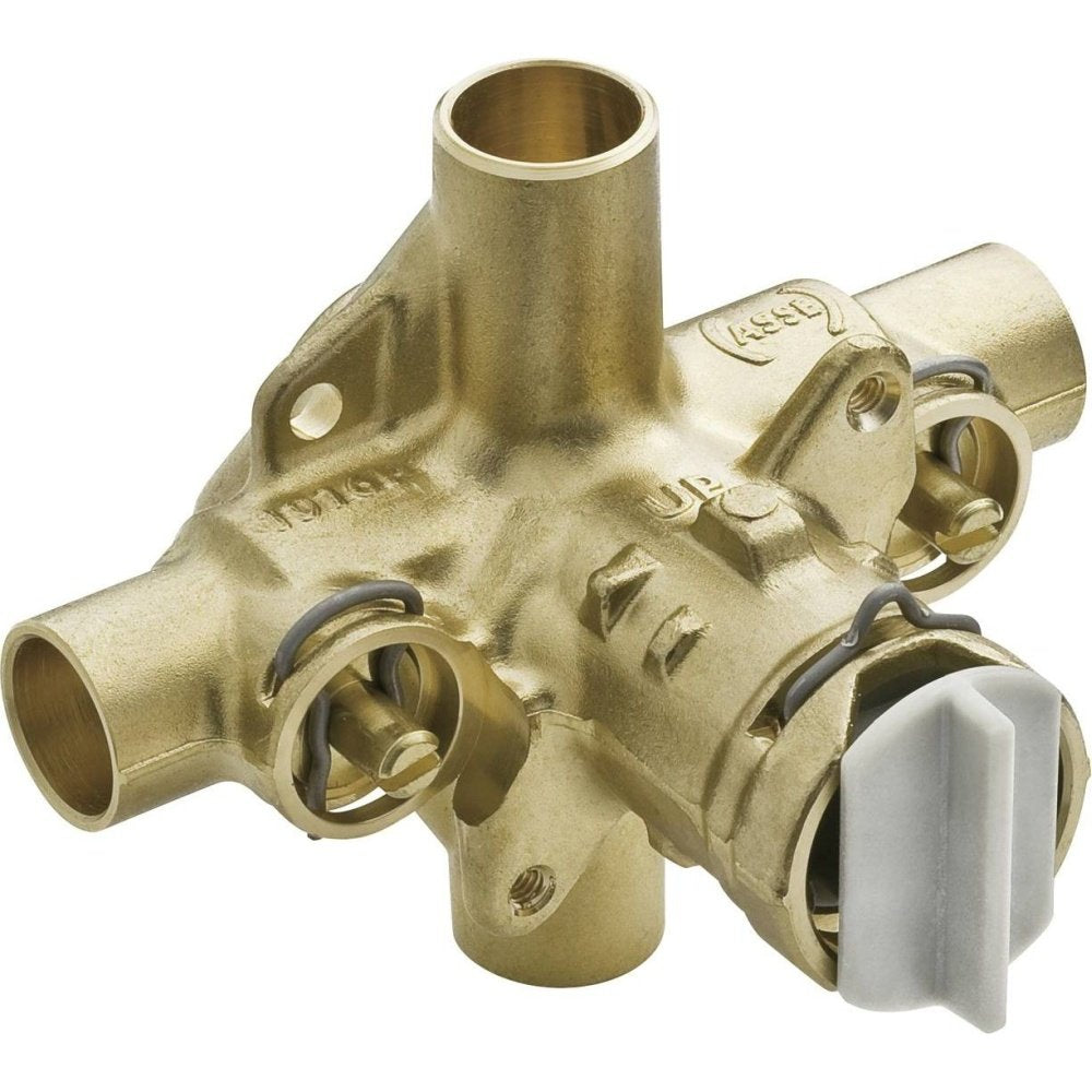 Brass valve body with three connection ports, two metal handles, and one white lever handle for temperature control.
