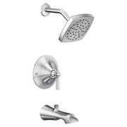 Chrome tub and shower trim kit with square showerhead, lever valve control, and curved tub spout.