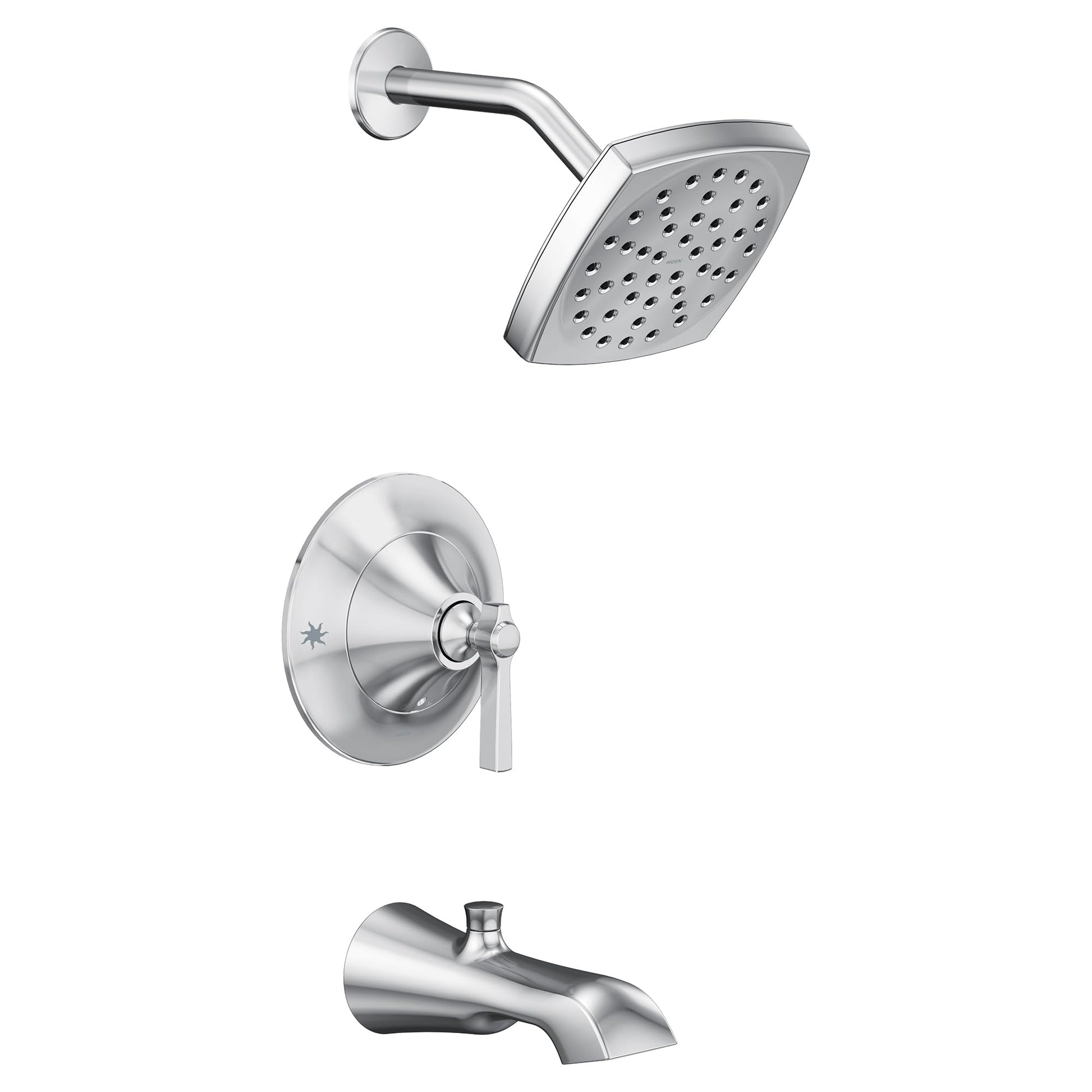 Chrome tub and shower trim kit with square showerhead, lever valve control, and curved tub spout.