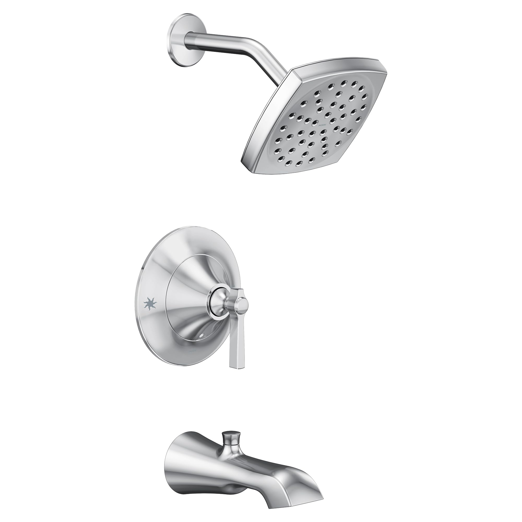 Chrome tub and shower trim kit with square showerhead, lever valve control, and curved tub spout.