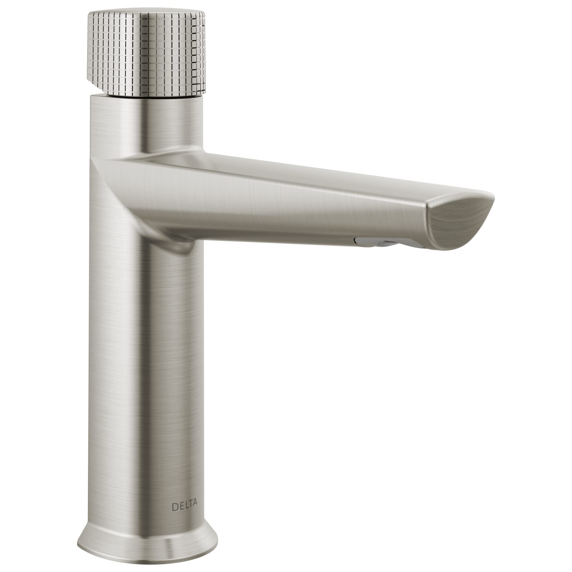 Brushed nickel single-handle bathroom faucet with knurled knob and angled spout.