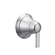 Chrome shower volume control trim with rounded handle and circular escutcheon plate.