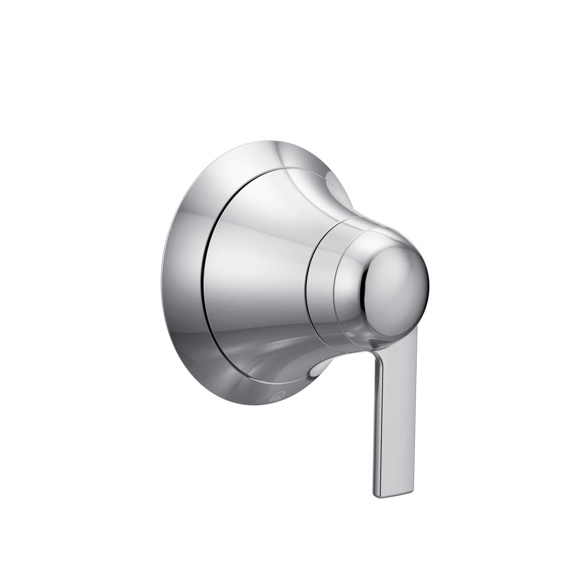 Chrome shower volume control trim with rounded handle and circular escutcheon plate.