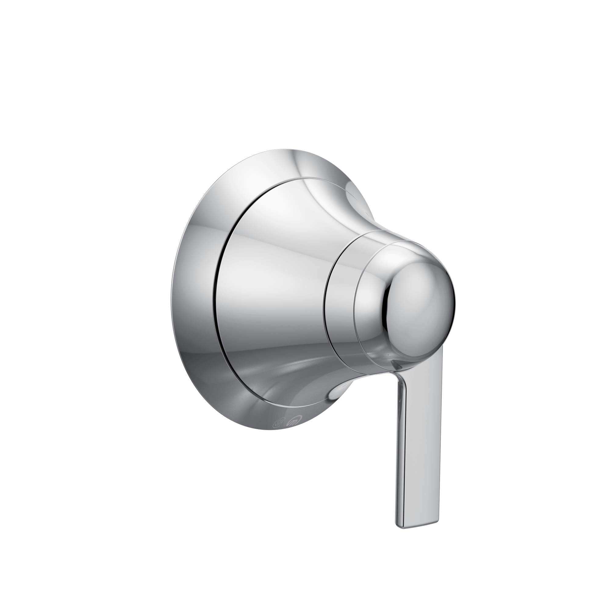 Chrome shower volume control trim with rounded handle and circular escutcheon plate.