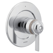 Chrome thermostatic valve trim kit with round escutcheon plate, knob control, and lever handle for shower or bath.