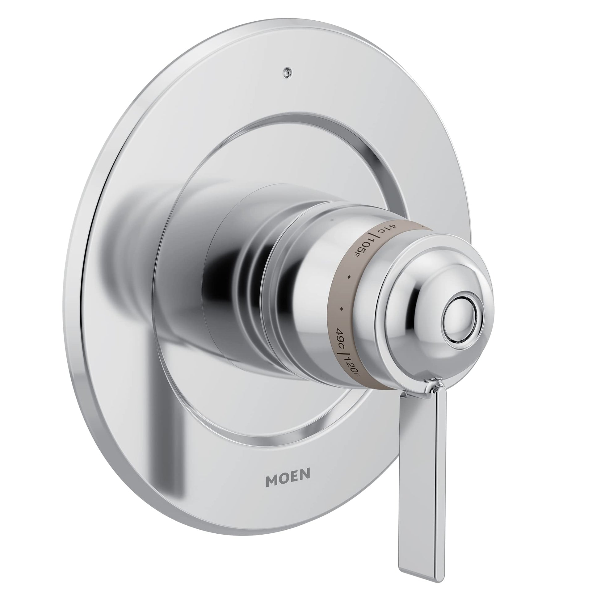 Chrome thermostatic valve trim kit with round escutcheon plate, knob control, and lever handle for shower or bath.