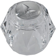 Clear acrylic knob handle with Delta branding and faceted geometric design for bathroom faucet.