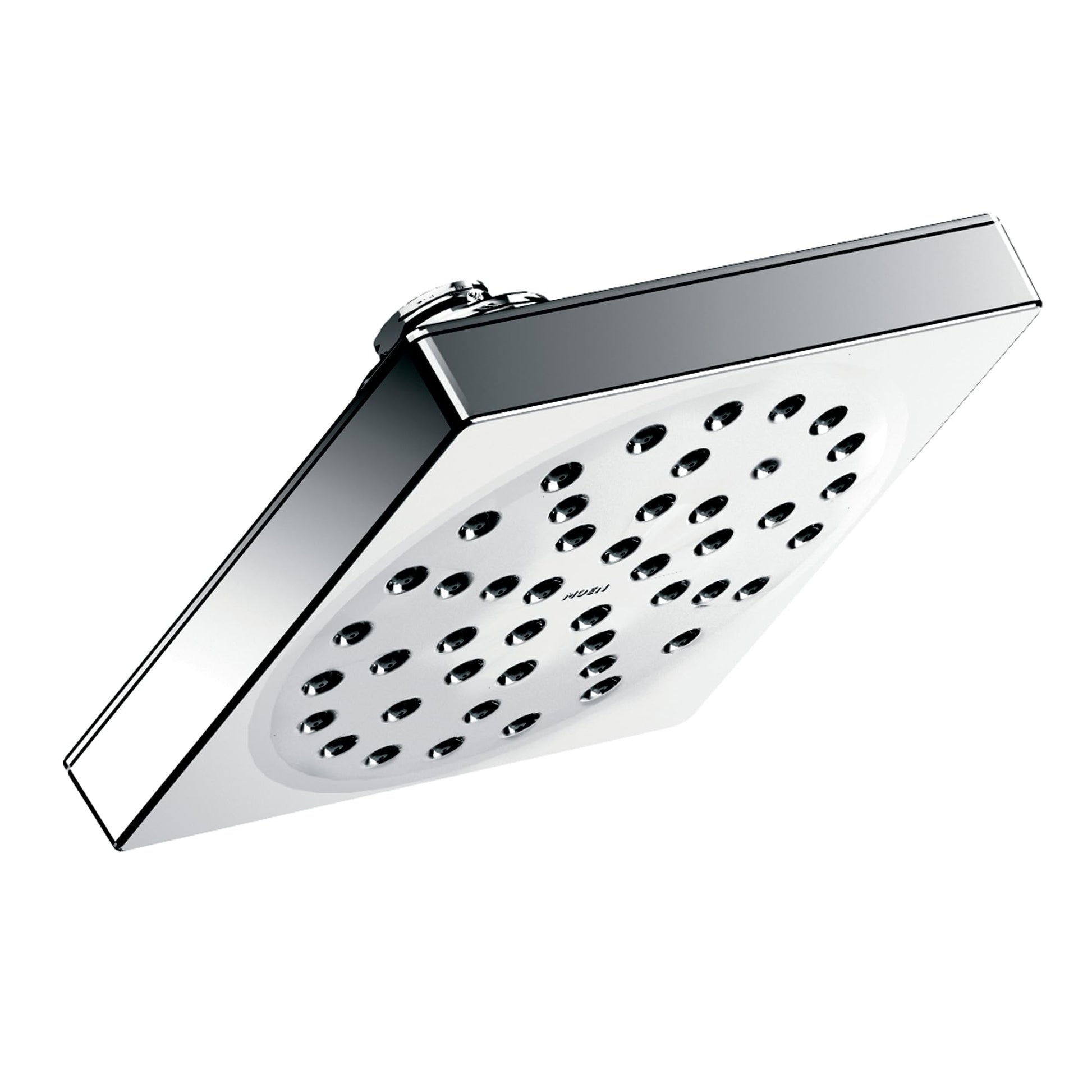 Chrome showerhead with rectangular face and multiple spray holes, angled arm attachment.
