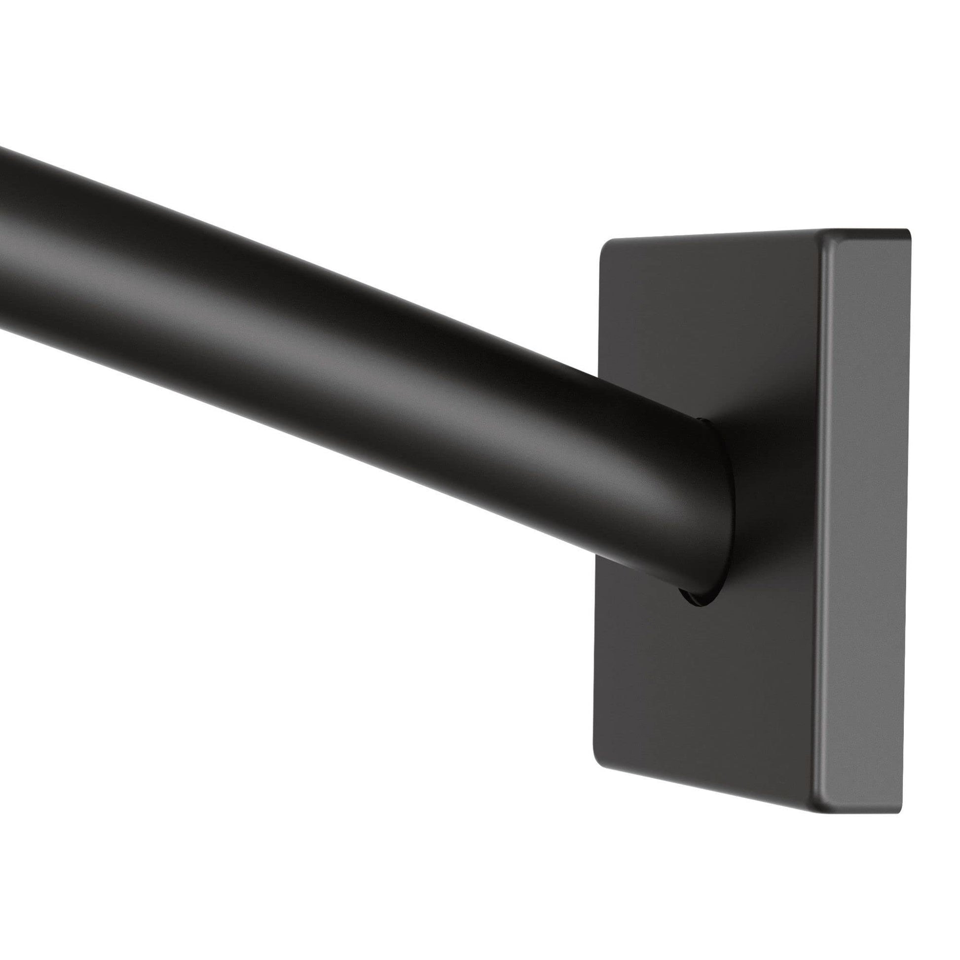 Matte black curved shower curtain rod with rectangular wall bracket and cylindrical rod extending outward.