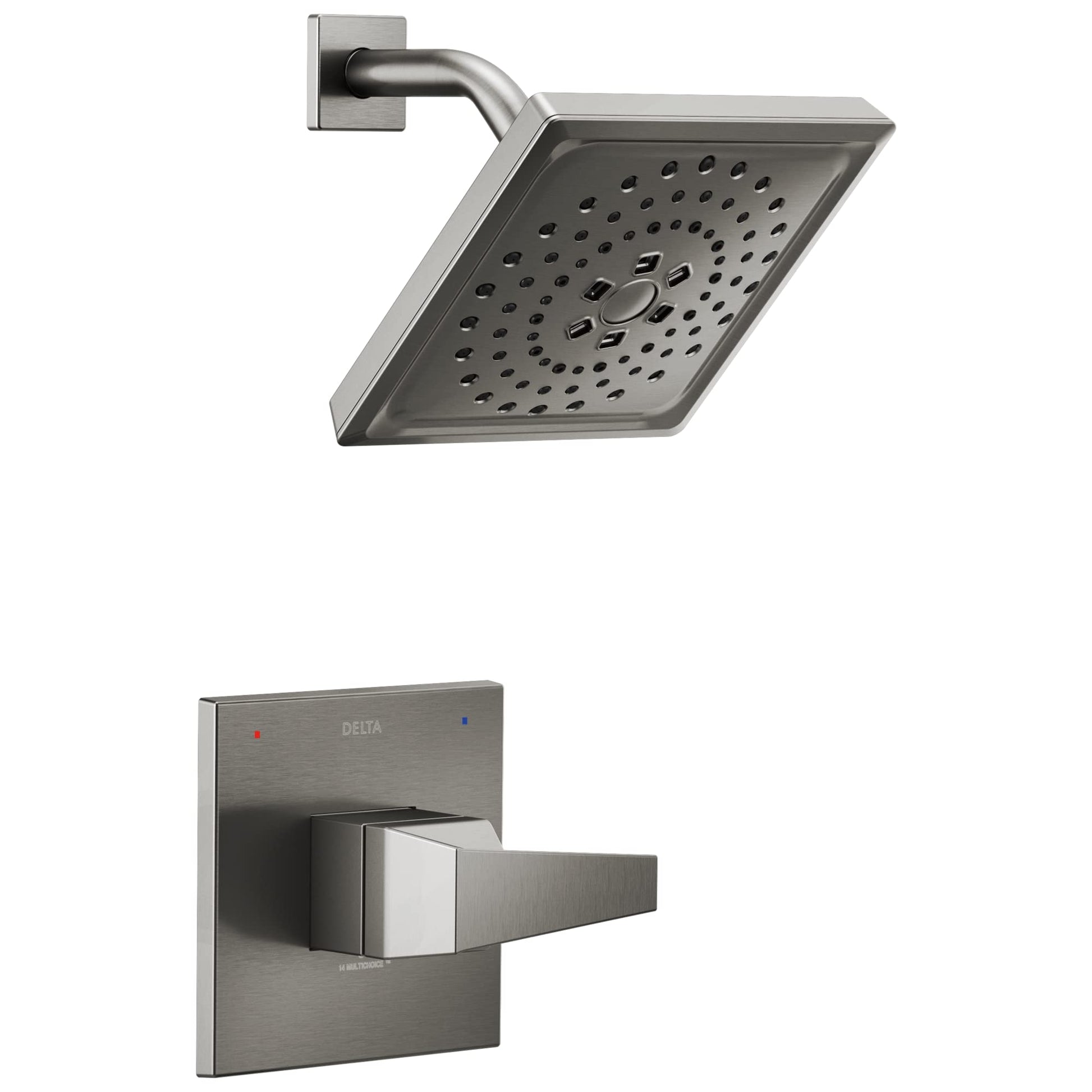 Brushed nickel shower head with perforated spray pattern and curved arm mounted to square wall plate; matching lever handle c
