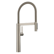 Satin platinum kitchen faucet with tall arched spout, flexible hose, and single handle control.