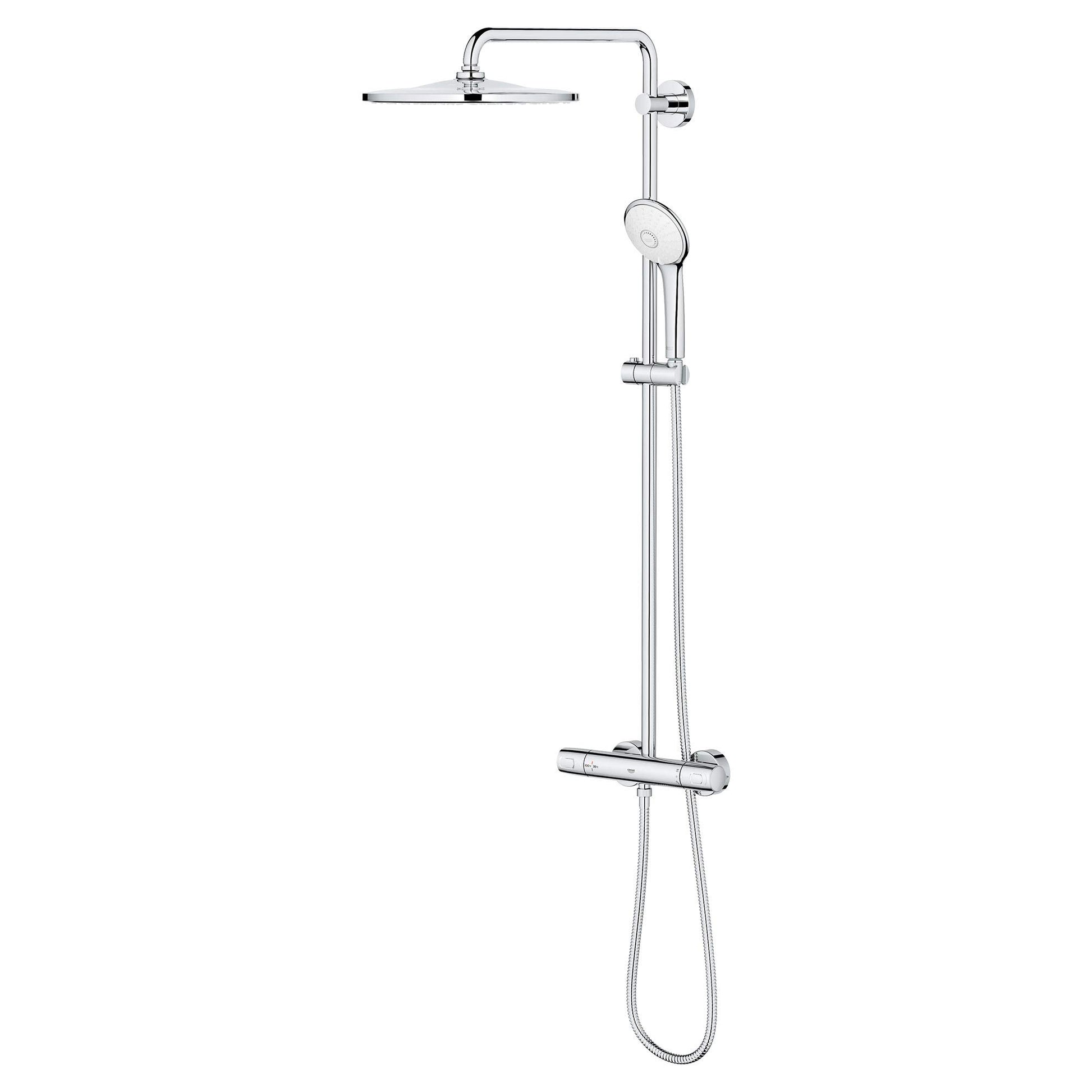 Chrome thermostatic shower system with overhead square showerhead, handheld sprayer, vertical rail, and control valve.