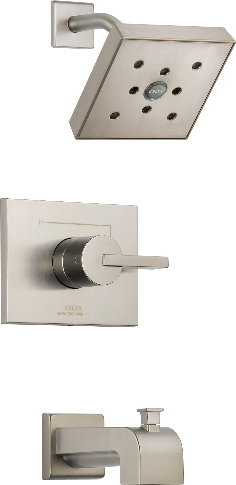Brushed nickel square showerhead with multiple spray holes, single-lever valve trim, and tub spout.