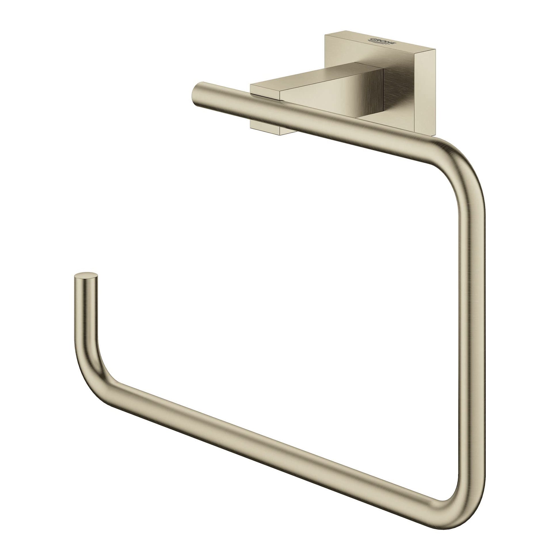 Brushed nickel towel ring with curved rectangular shape mounted on square wall bracket.