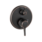 Round rubbed bronze shower valve trim with dual handles and diverter, marked with temperature and on/off settings.