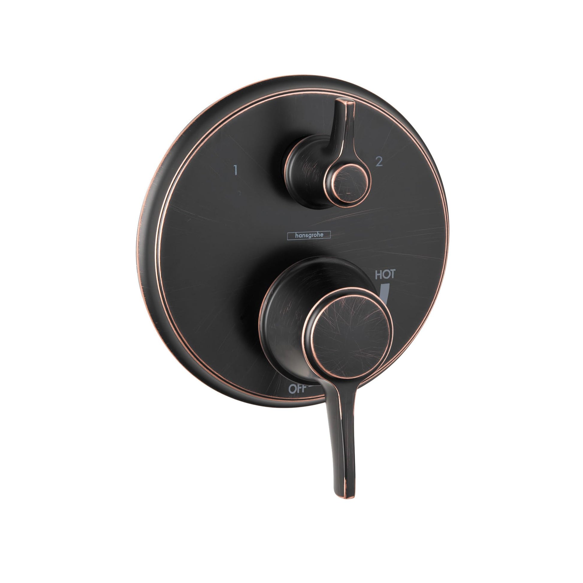 Round rubbed bronze shower valve trim with dual handles and diverter, marked with temperature and on/off settings.