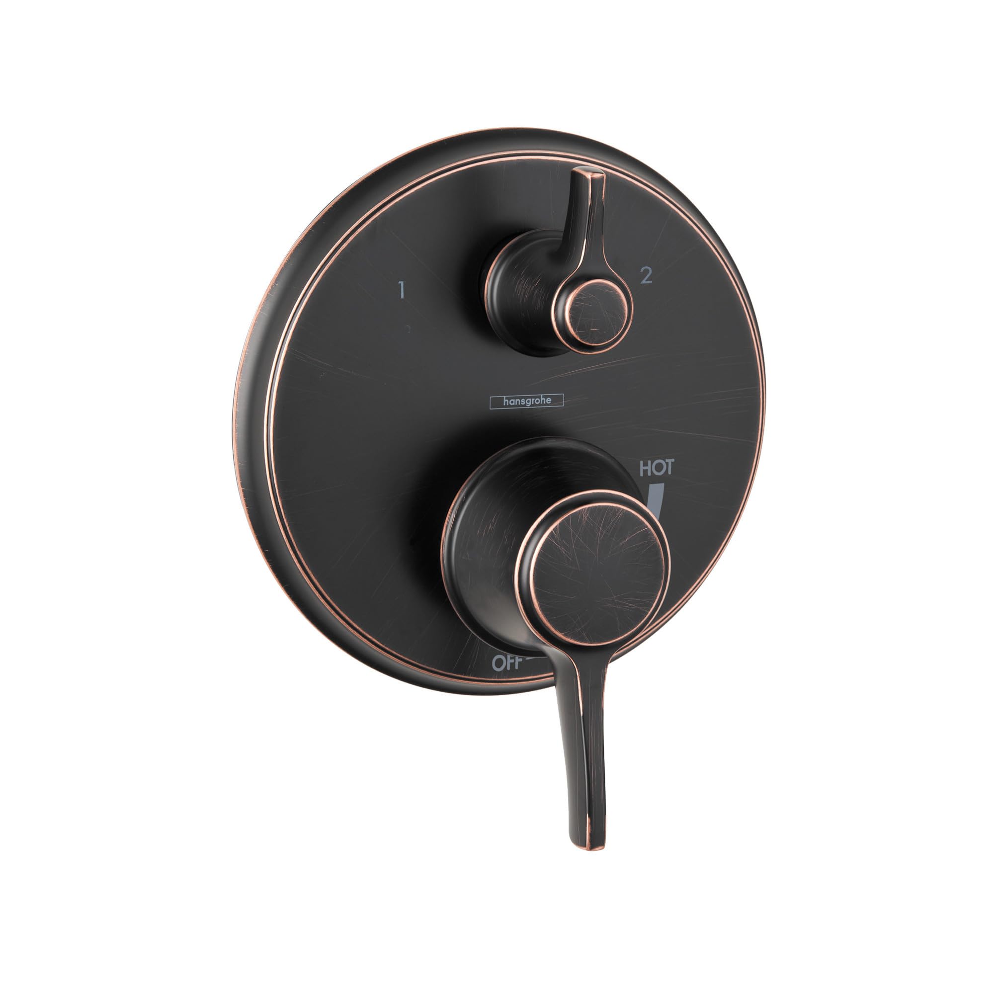 Round rubbed bronze shower valve trim with dual handles and diverter, marked with temperature and on/off settings.