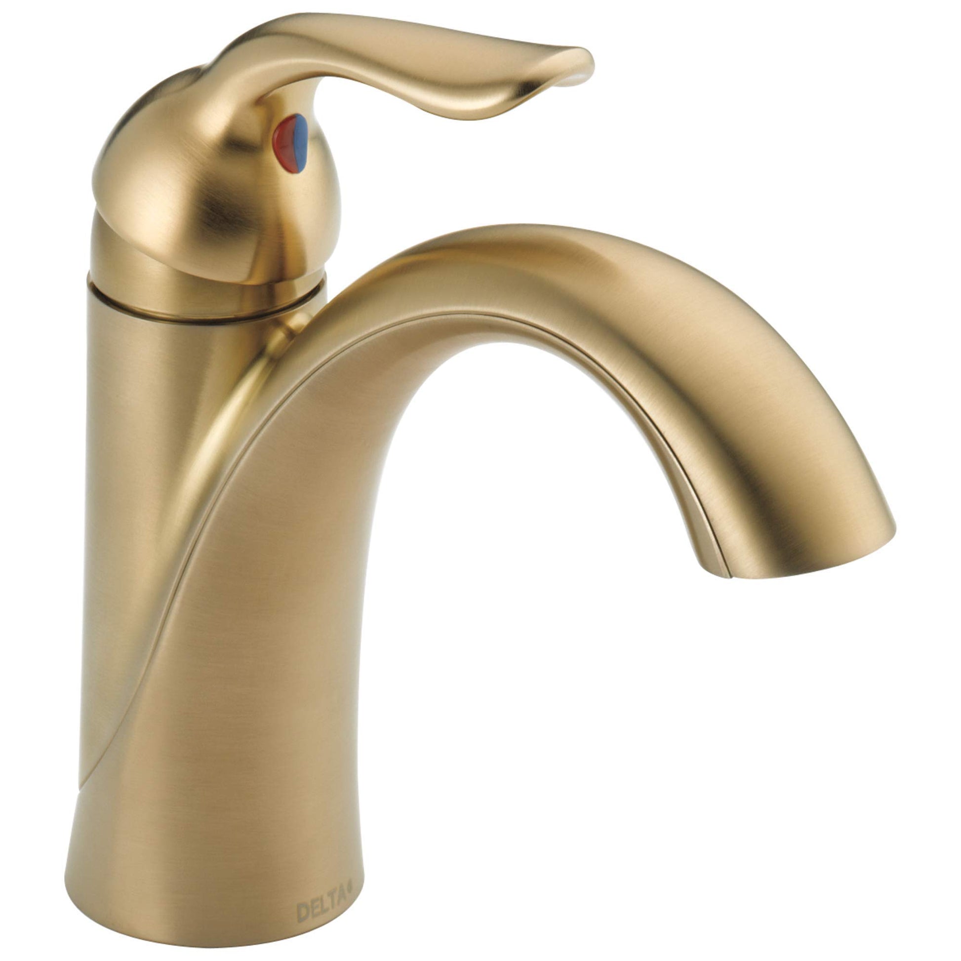 Champagne bronze single-handle bathroom faucet with curved spout and lever control.