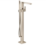 Brushed nickel freestanding tub filler with single handle, angular spout, and attached handheld showerhead.