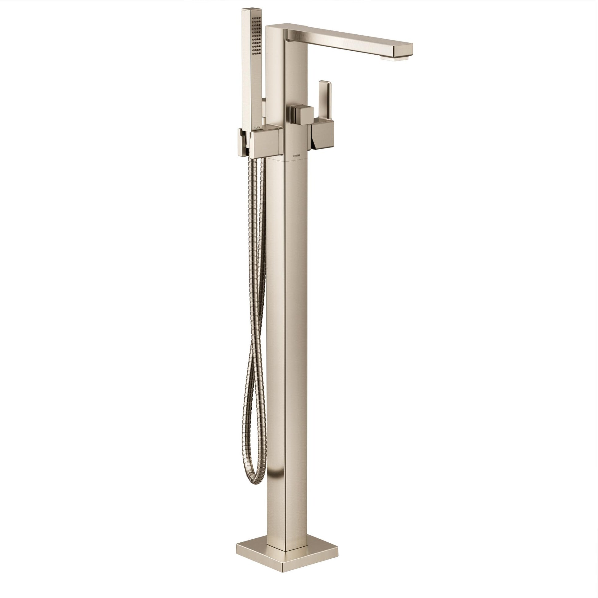 Brushed nickel freestanding tub filler with single handle, angular spout, and attached handheld showerhead.
