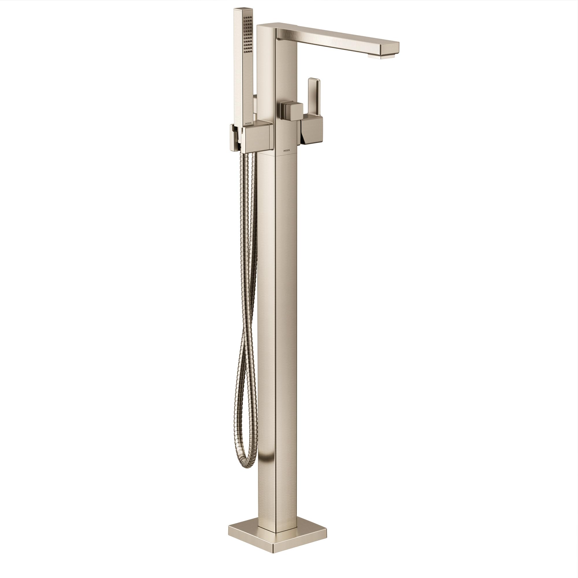 Brushed nickel freestanding tub filler with single handle, angular spout, and attached handheld showerhead.