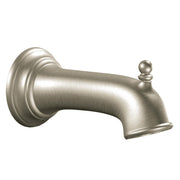 Brushed nickel diverter spout with round flange and ball handle finial.