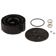 Black plastic bonnet assembly kit with threaded cap, flat cover plate, rubber o-rings, and metal fasteners.