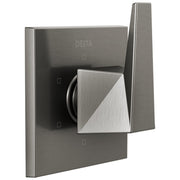 Brushed nickel Delta diverter trim with angular handle and square mounting plate.