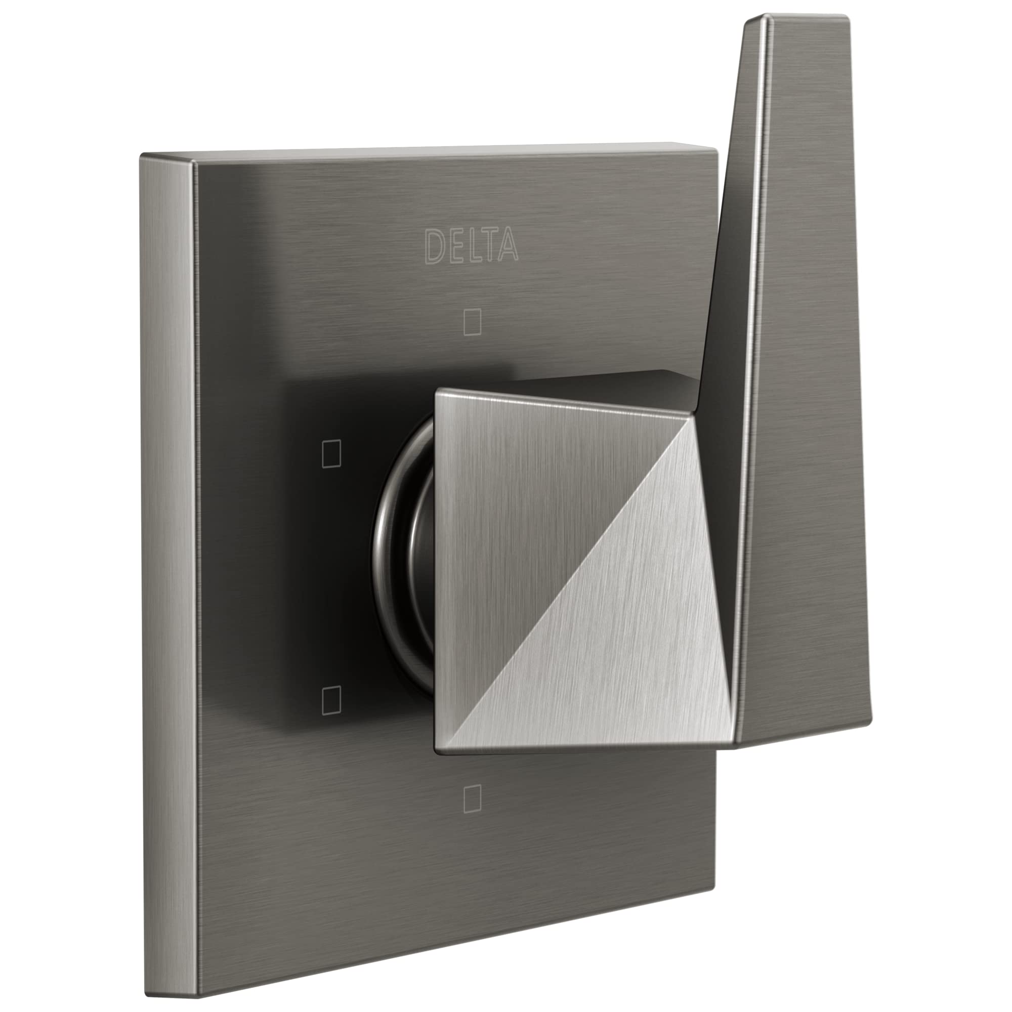 Brushed nickel Delta diverter trim with angular handle and square mounting plate.