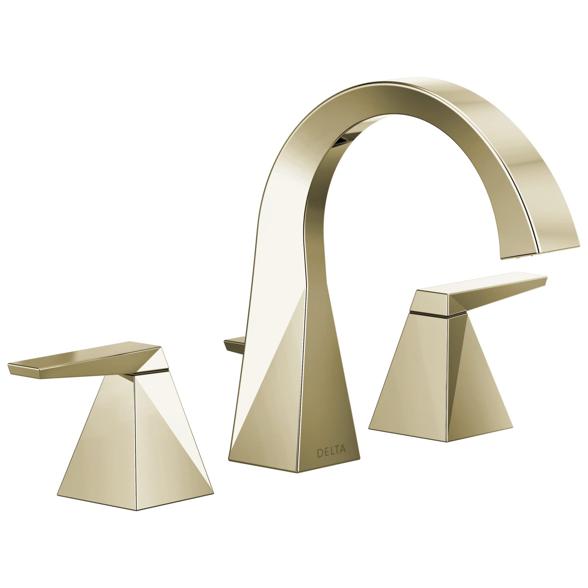 Champagne-colored widespread bathroom faucet with arched spout and two lever handles.