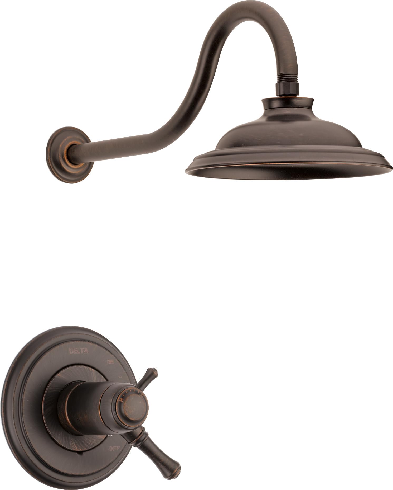 Oil-rubbed bronze shower trim with curved arm, dome showerhead, and dual-handle valve with temperature control.