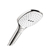White and chrome handheld showerhead with multiple spray jets and rounded face design.