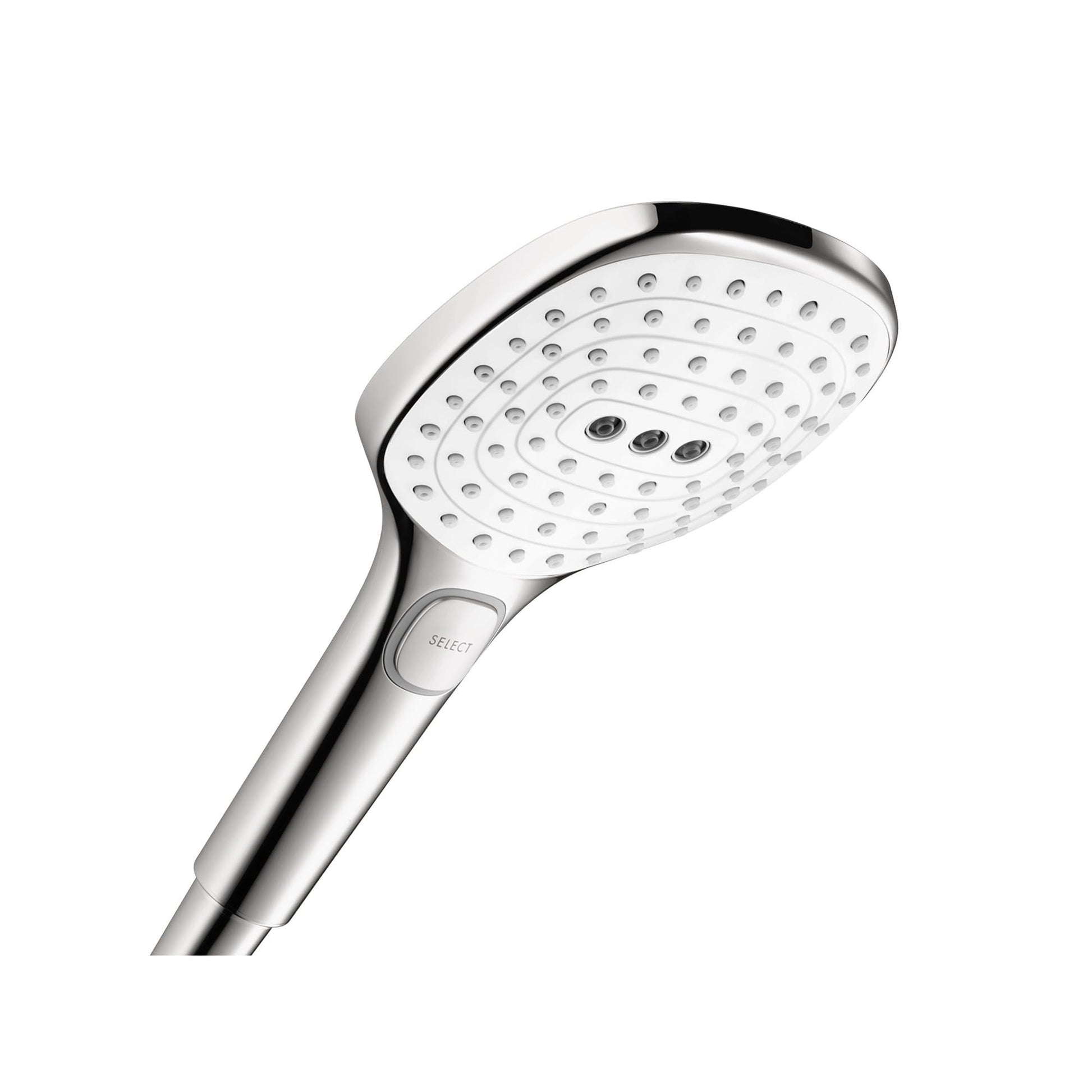 White and chrome handheld showerhead with multiple spray jets and rounded face design.