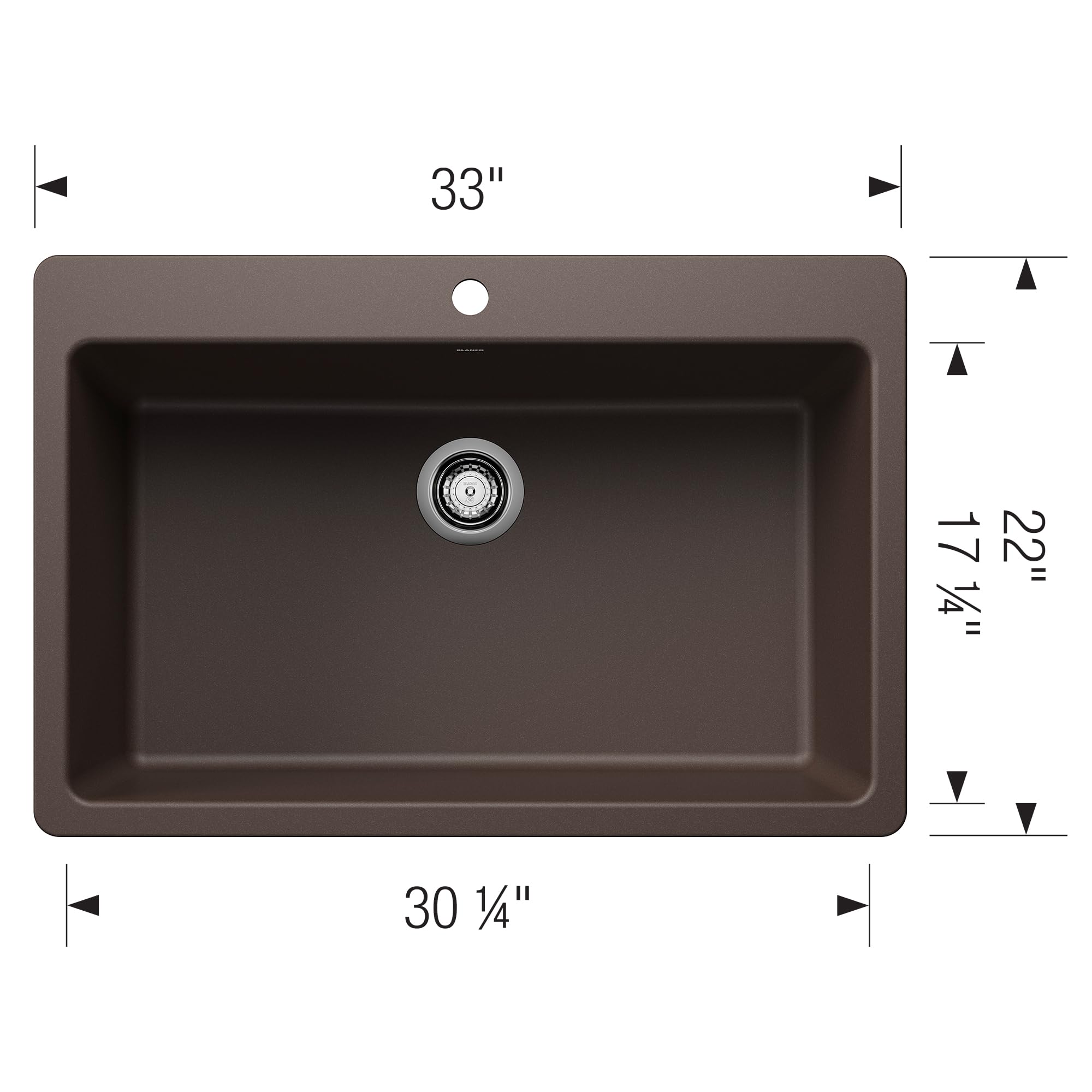 Cafe-colored single bowl drop-in kitchen sink, 33" wide with chrome drain fixture and faucet hole.