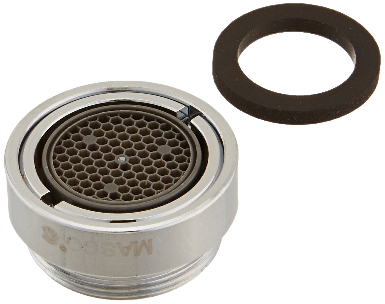 Chrome faucet aerator with honeycomb screen insert and black rubber gasket ring.