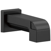 Matte black tub spout with pull-up diverter and wall-mounted square escutcheon.