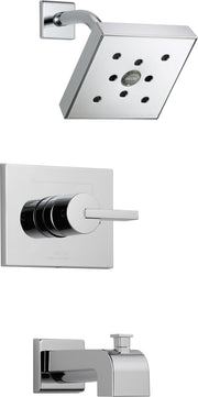 Chrome tub and shower trim set with square showerhead, lever handle valve, and wall-mounted spout.
