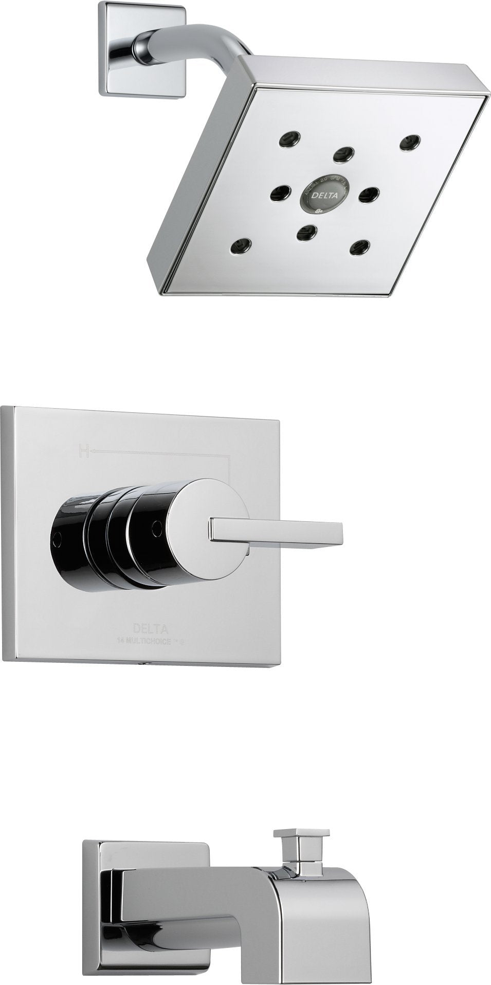 Chrome tub and shower trim set with square showerhead, lever handle valve, and wall-mounted spout.