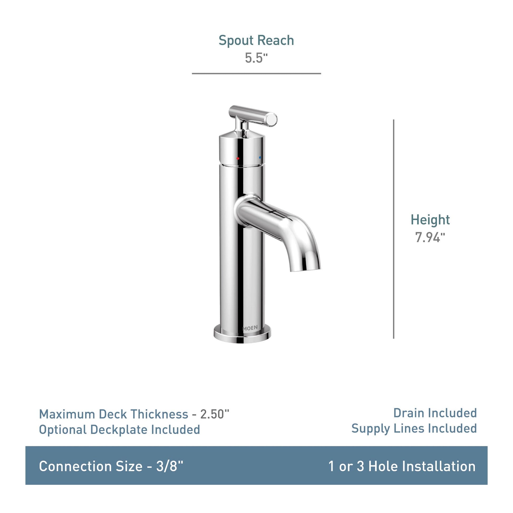 Chrome single-handle bathroom faucet with curved spout, 7.94 inches tall, 5.5 inches spout reach.