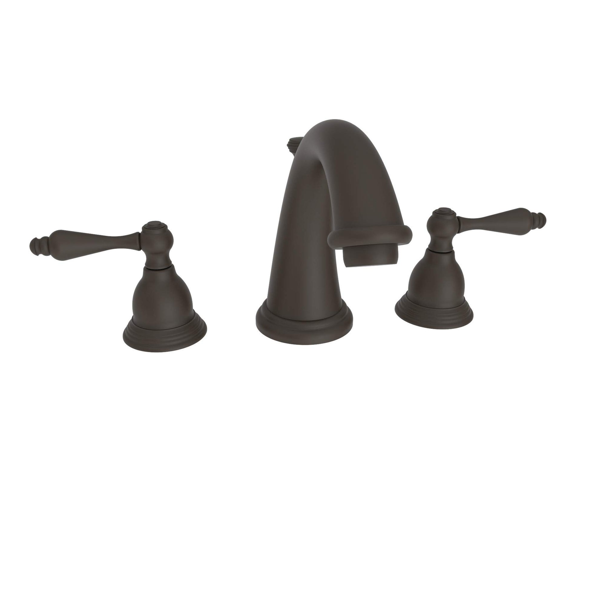 Oil rubbed bronze three-piece widespread bathroom sink faucet with curved spout and lever handles.
