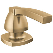 Champagne bronze soap and lotion dispenser with dome pump head and rectangular base.