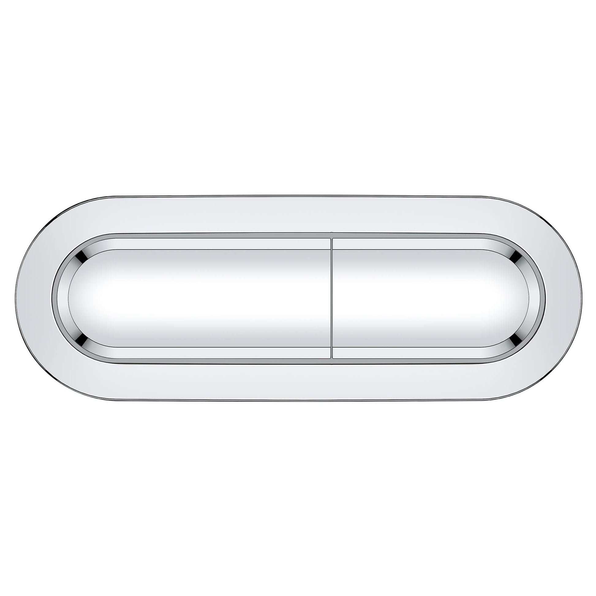 Chrome dual flush toilet actuator plate with divided oval button design.