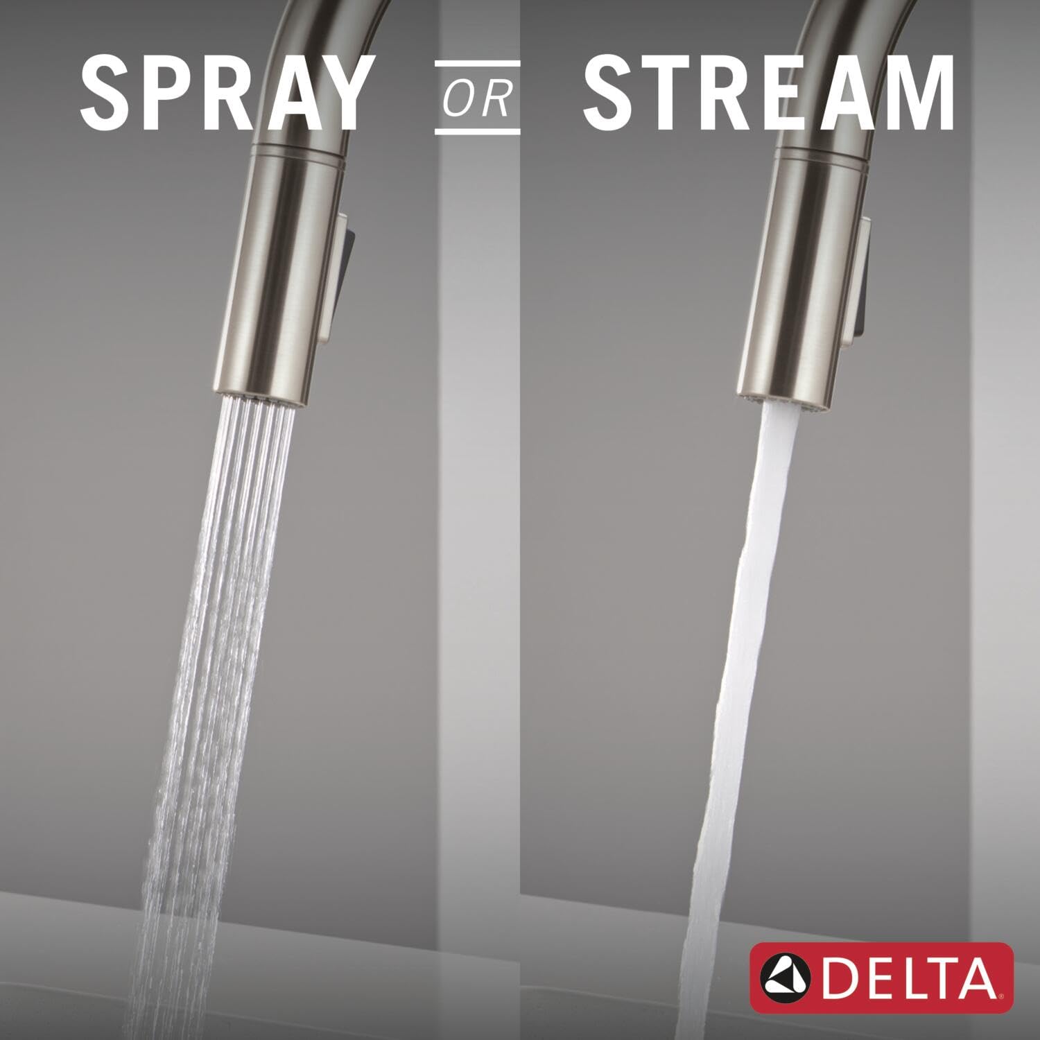 Stainless steel pull-down kitchen faucet with dual spray and stream modes.