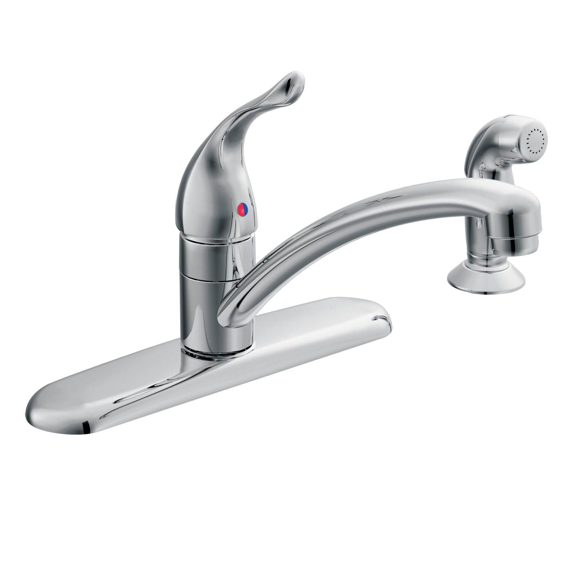 Chrome single-handle kitchen faucet with curved spout, pull-out spray head, and matching soap dispenser.