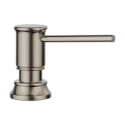 Satin platinum built-in soap dispenser with cylindrical pump body and horizontal spout.