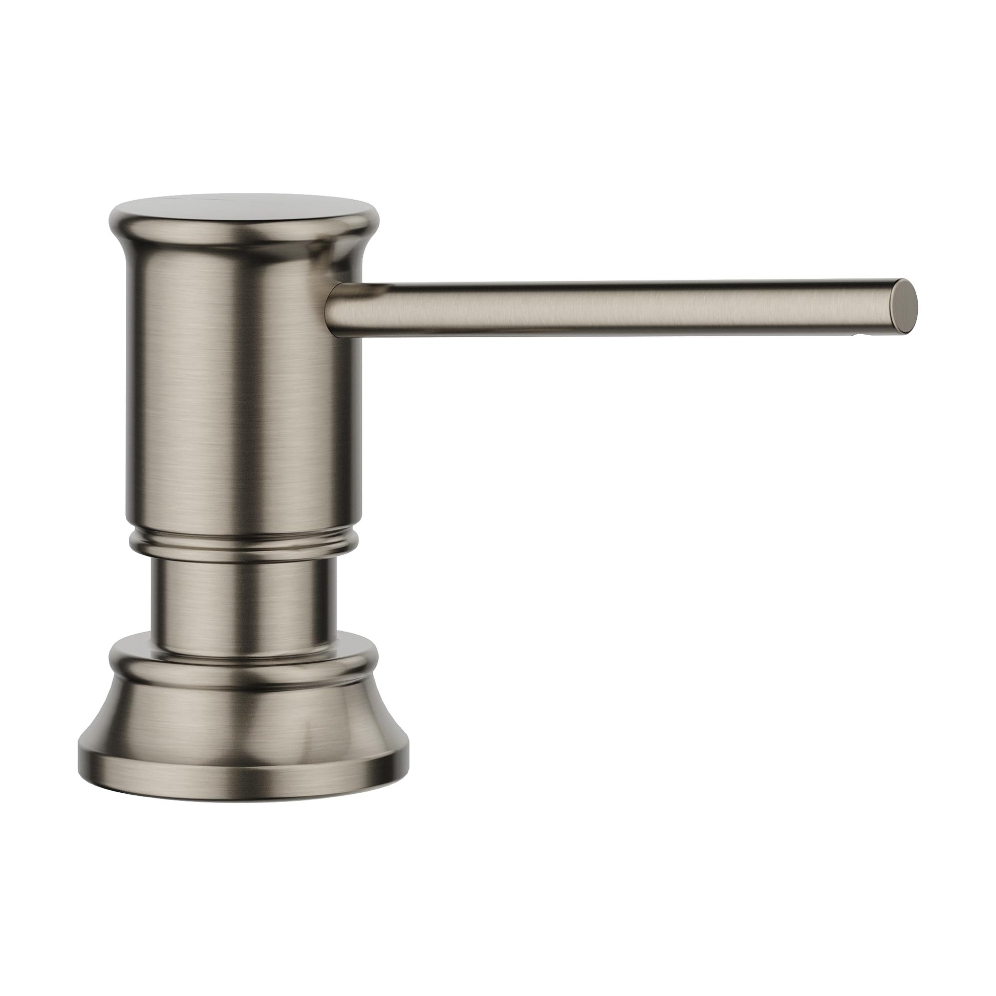 Satin platinum built-in soap dispenser with cylindrical pump body and horizontal spout.