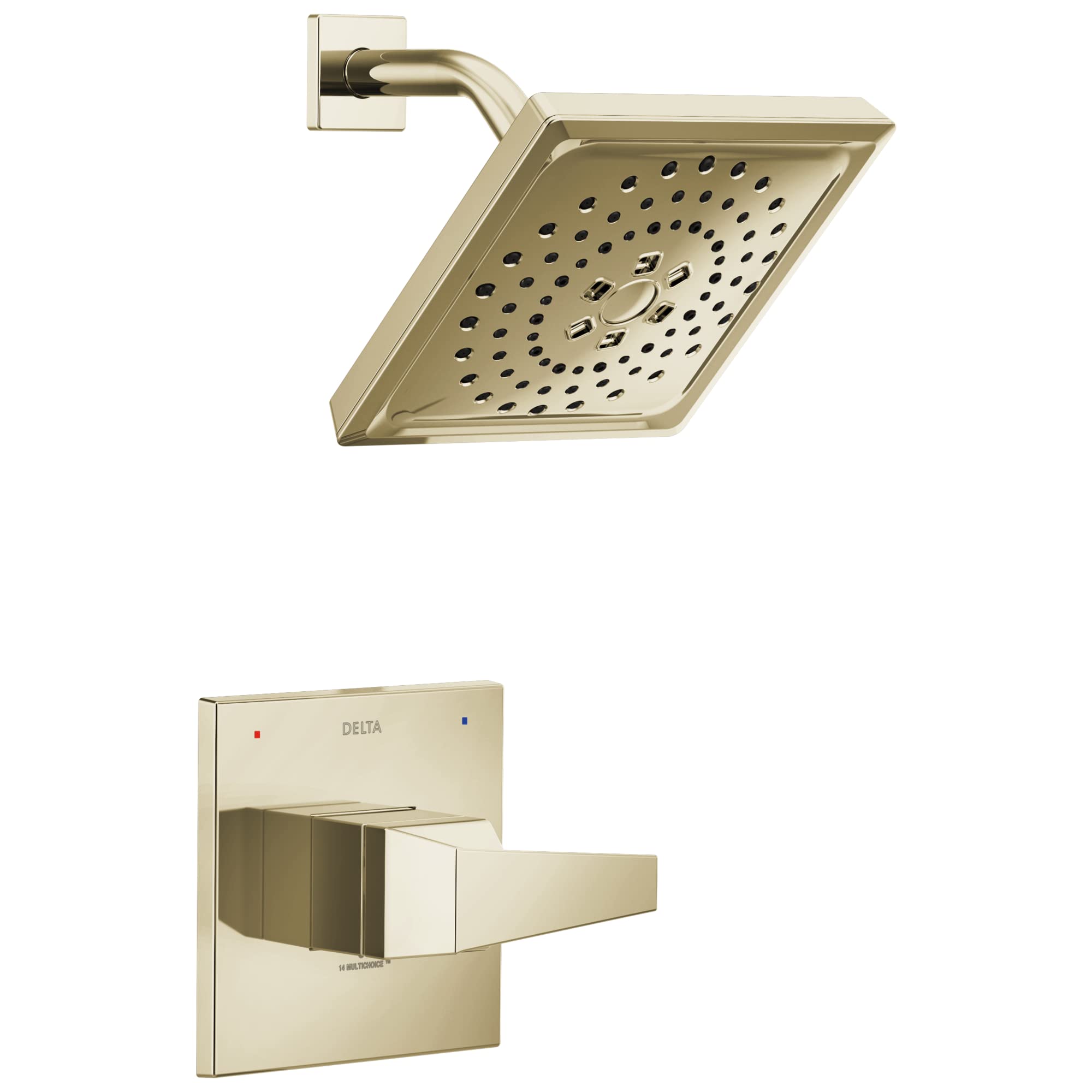Champagne bronze square showerhead with perforated spray pattern and curved arm, paired with matching lever-handle trim plate